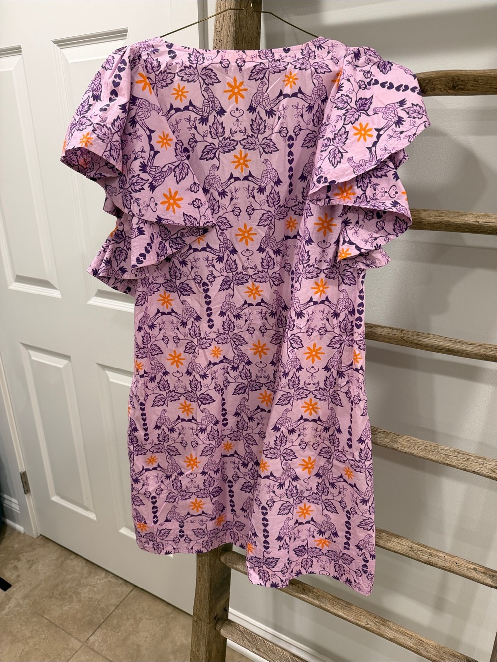 Oliphant Lilac Floral Ruffle V-Neck Dress with Orange Accents, Size L - Picture 4 of 4